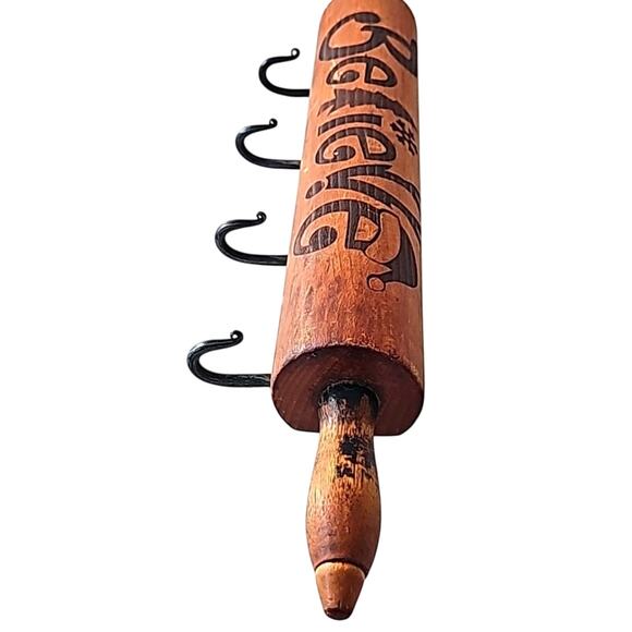 Vintage Christmas Wooden Rolling Pin with 4 Hangers for Pot Holders, Aprons Etc. - Picture 4 of 9